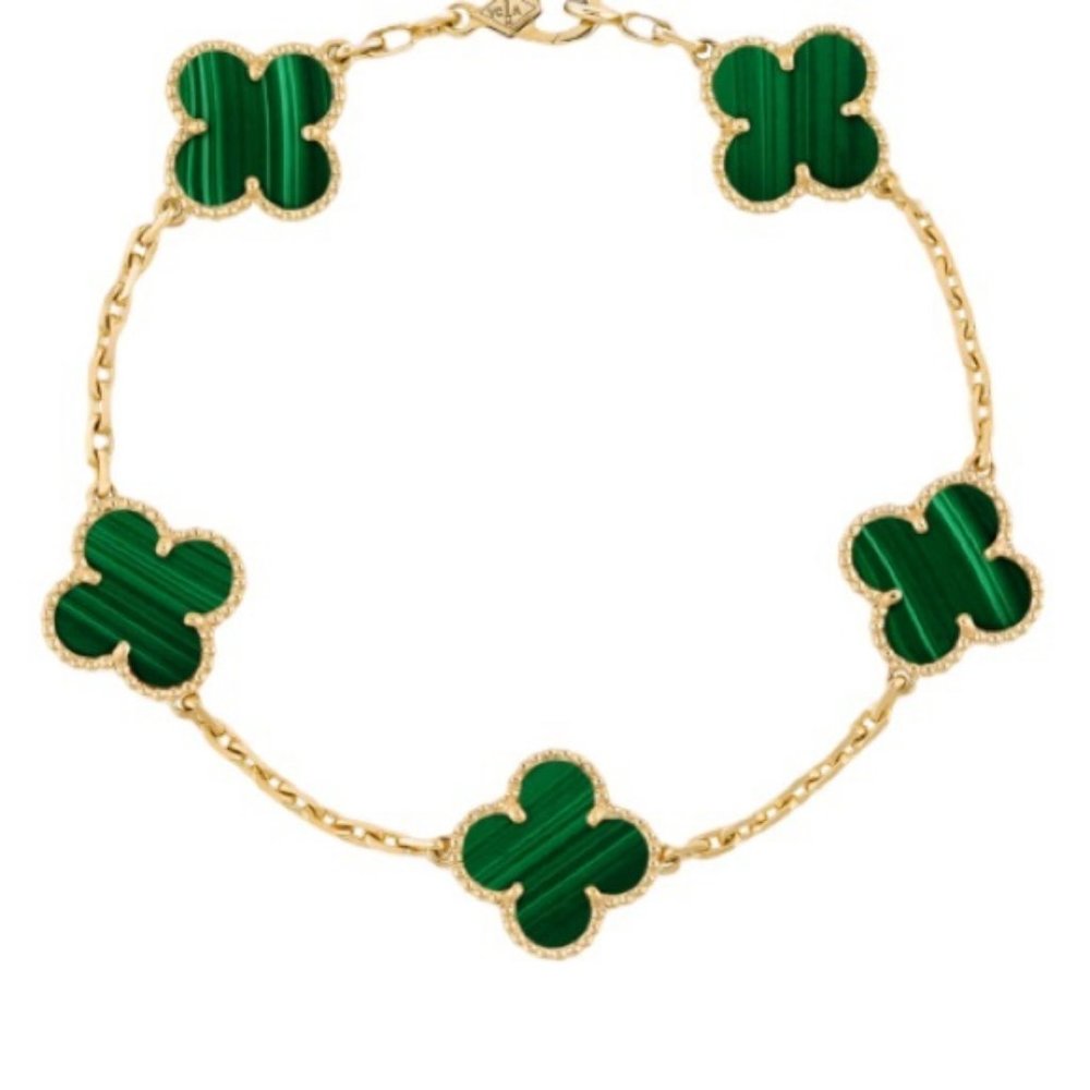 Clover Bracelet, 5-Motif Quatrefoil Alhambra, Green Malachite & Gold, New - Picture 1 of 7